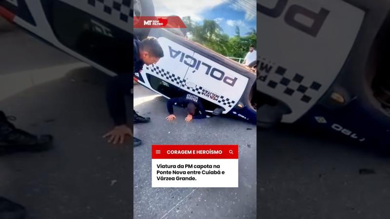 Viatura da PM capota na Ponte Nova entre Cuiaba e Várzea Grande